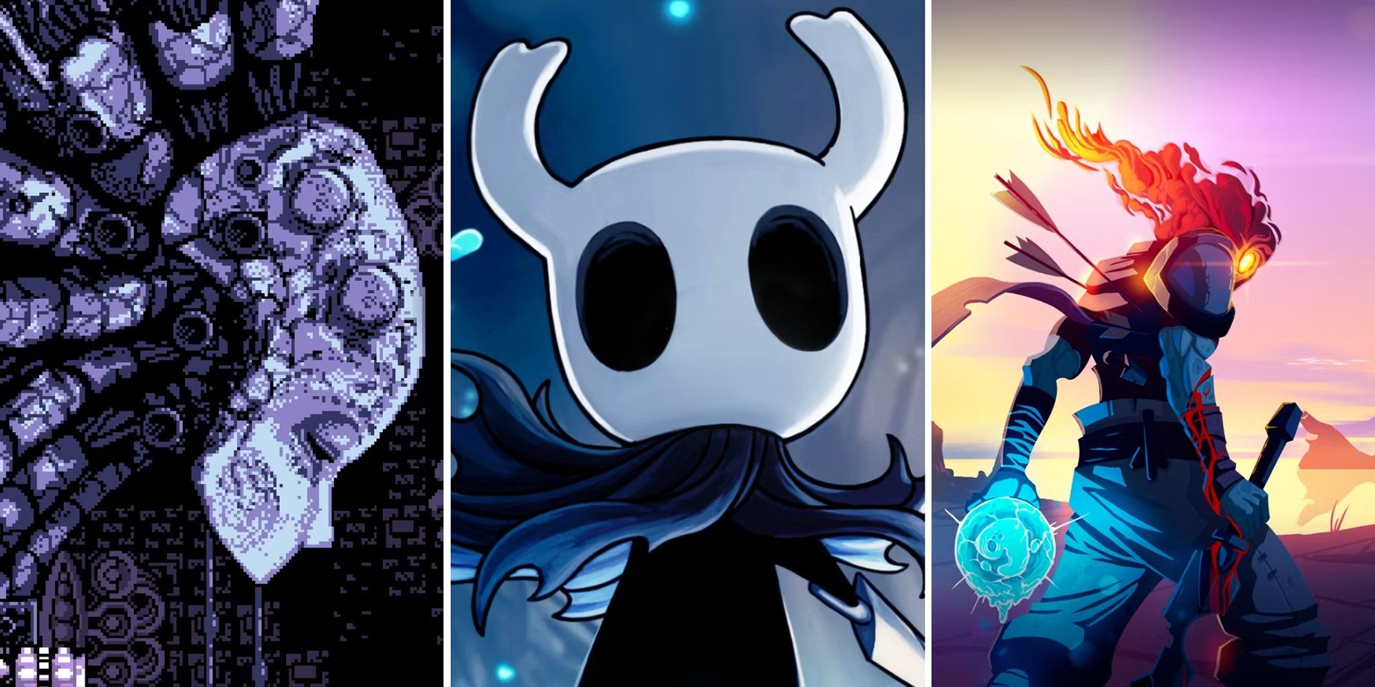 10 بهترین پاور آپ بازی های ویدیویی در تمام دوران 1 یک تصویر تقسیم شده که صحنه هایی از Axiom Verge، Hollow Knight و Dead Cells را به تصویر می کشد
