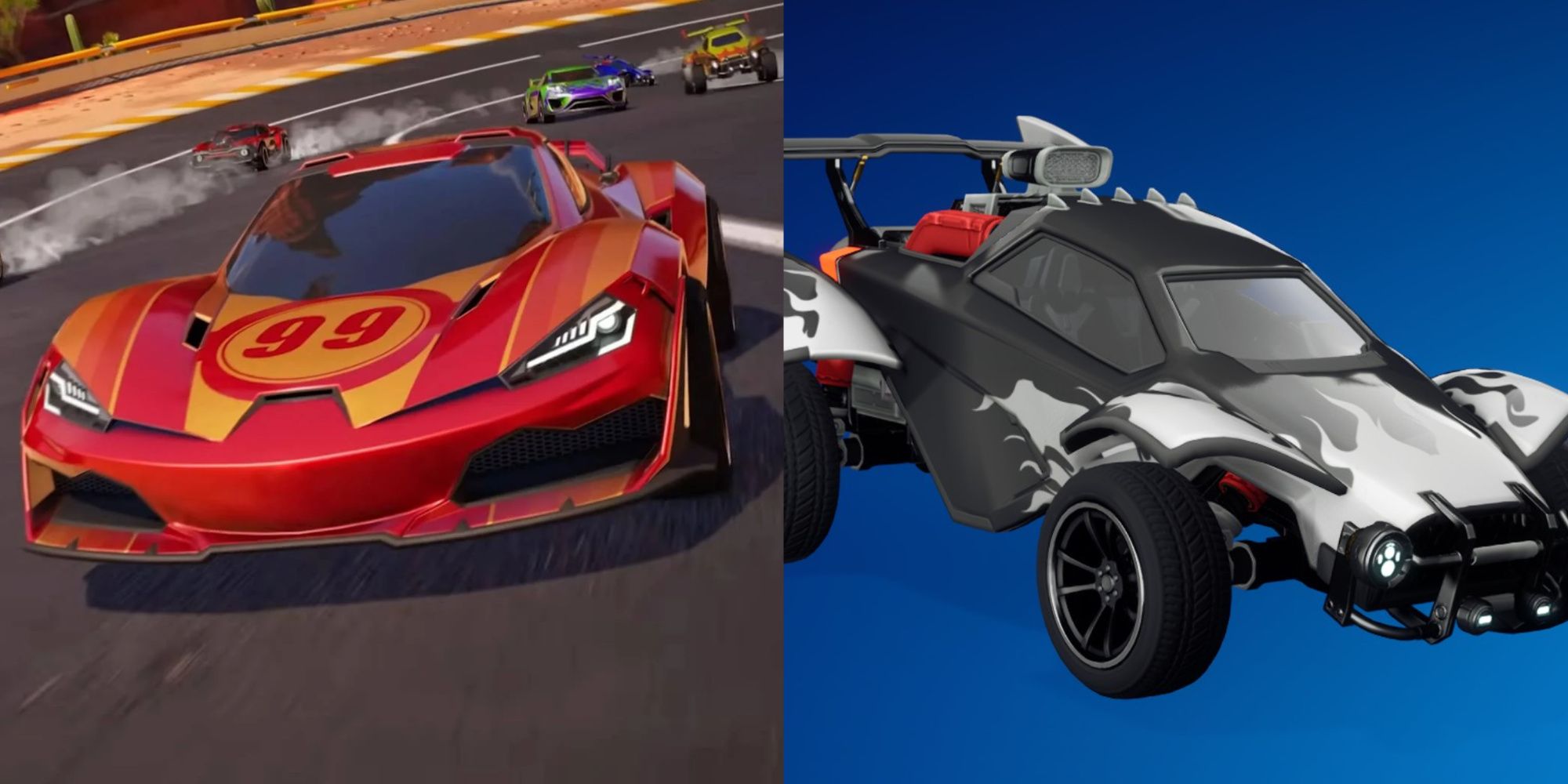 تصویری تقسیم‌بندی شده با دو خودرو از مسابقات راکتی فورتنایت که دو سبک مختلف برگردان را به نمایش می‌گذارد.