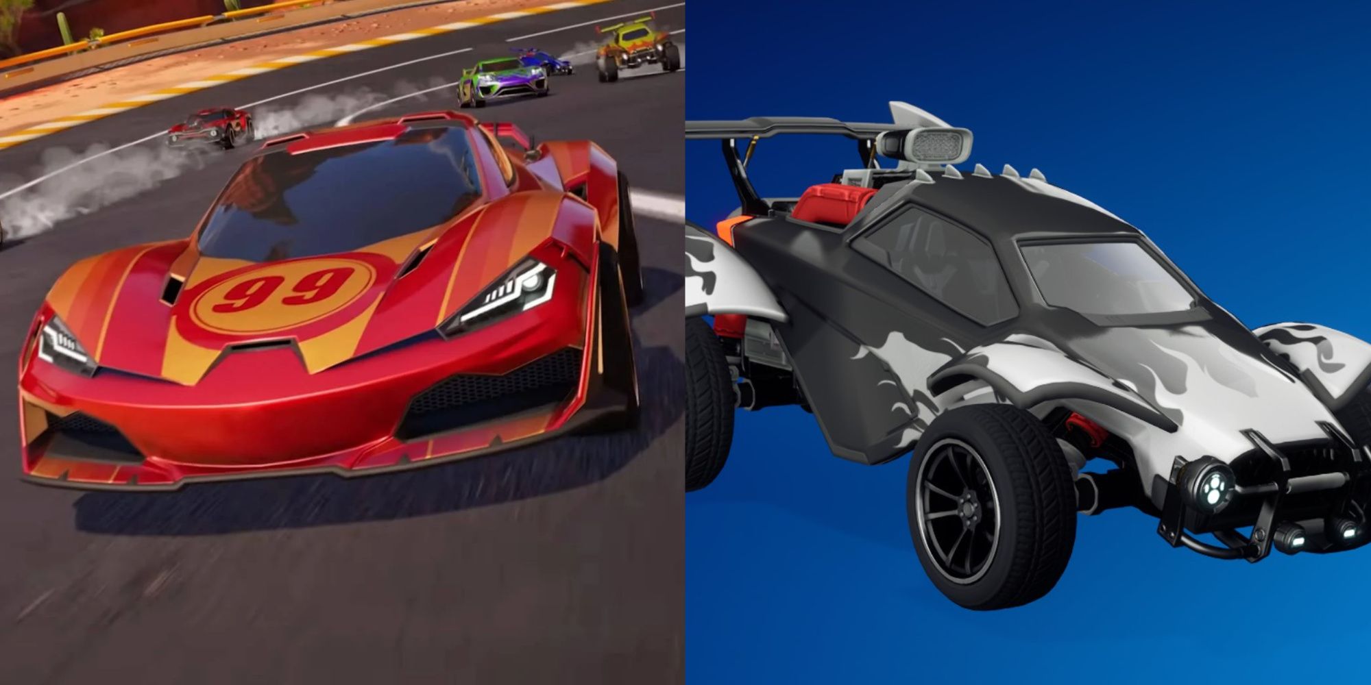نحوه تکمیل کوئست های Neon Rush Kickoff و دریافت چرخ های Aetherius در Fortnite: Rocket Racing 2 تصویری تقسیمبندی شده با دو خودرو از مسابقات راکتی فورتنایت که دو سبک مختلف برگردان را به نمایش میگذارد.