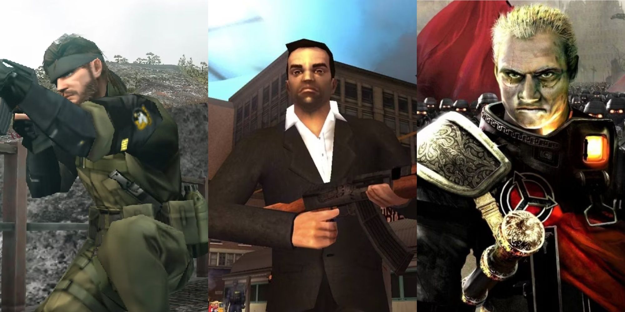 بهترین بازیهای PSP در کاتالوگ کلاسیک PS Plus 15 تصاویر تقسیمشده از شخصیتها در Metal Gear Solid Peace Walker، Grand Theft Auto Liberty City Stories، و Killzone Liberation.