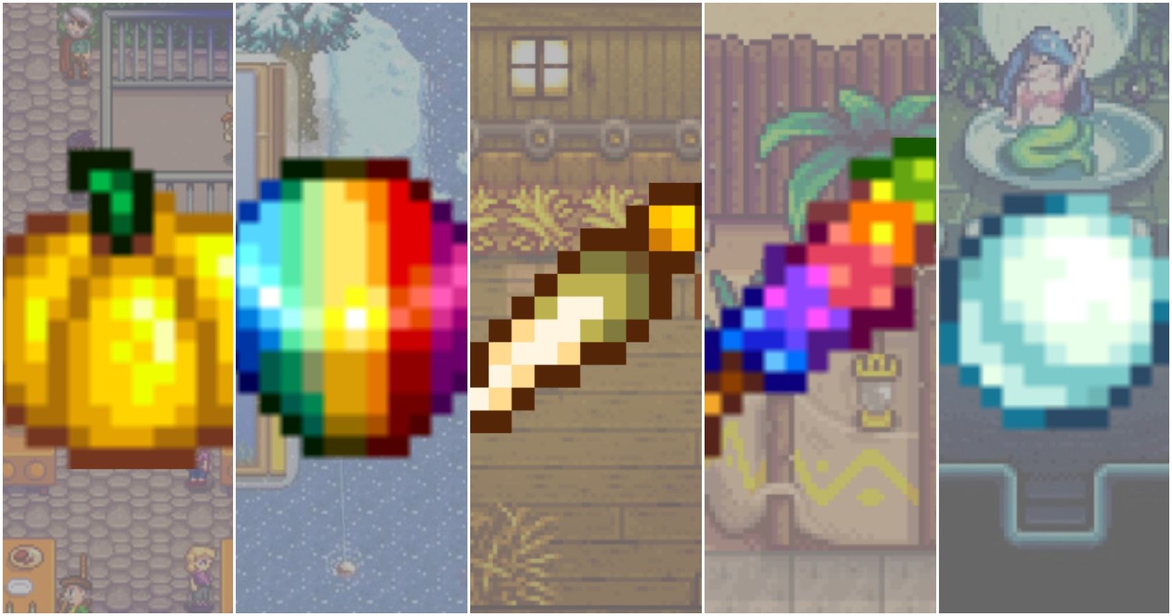 همه هدایای منفور جهانی در Stardew Valley 6 یک تصویر تقسیم شده که هر پنج هدیه محبوب جهانی را در دره ستاره دار نشان می دهد: کدو تنبل طلایی، خرده منشوری، پای خرگوش، آب نبات سنگی جادویی، و یک مروارید در پس زمینه جایی که می توانید آنها را پیدا کنید.