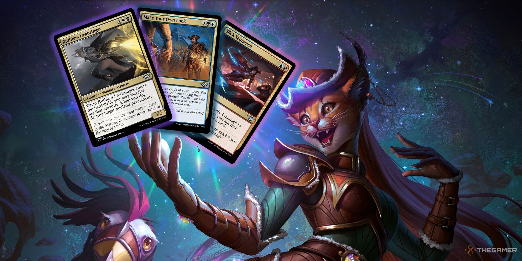 بهترین قانون شکنان در MTG 10 Magic: The Gathering Cart Art Roxanne، Starfall Savant که تصاویر کارتی از Lawbringer بی رحم را در دست دارد، شانس خود را بسازید، و Slick Sequence