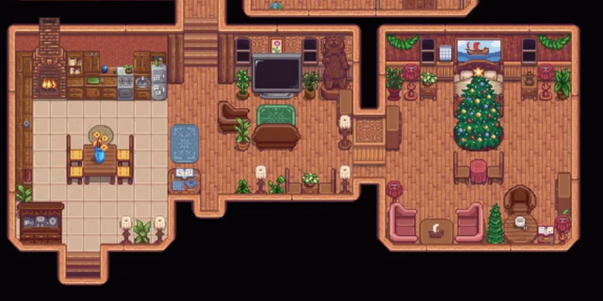 تصویری از Stardew Valley از خانه‌ای که با کاتالوگ مبلمان تزئین شده است، که شامل تمام وسایل اصلی بازی است. 