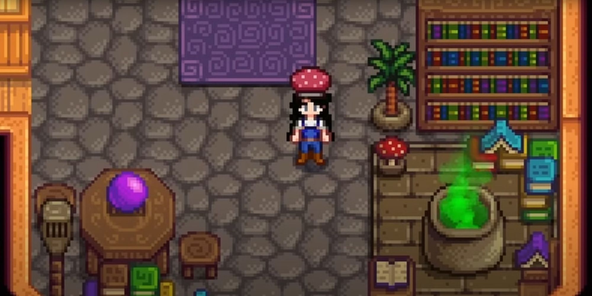 تصویری از کاتالوگ Stardew Valley of the Wizard که شامل بسیاری از کتاب‌های مختلف و آیتم‌های مضمون جادویی است. 