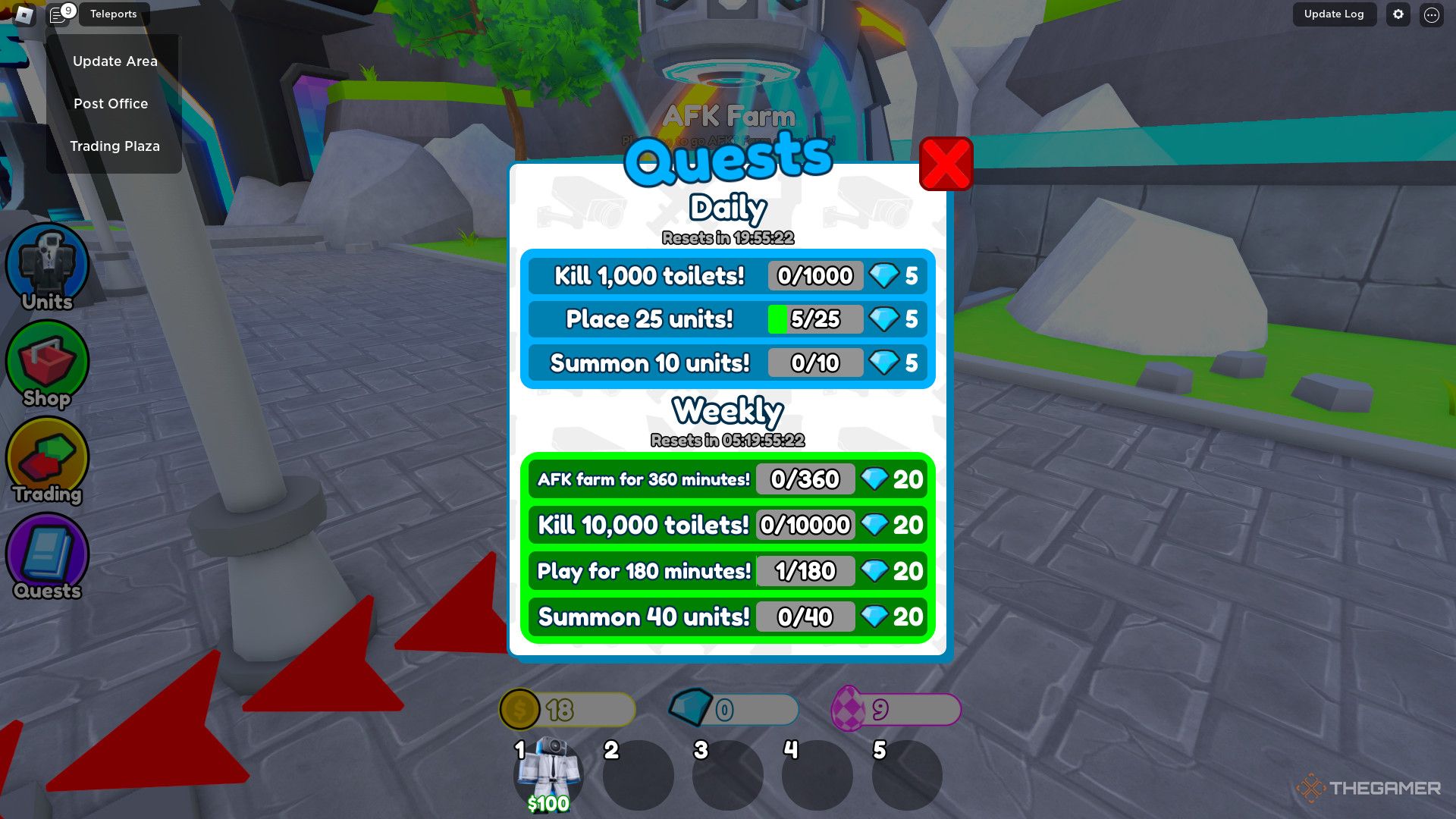 یک اسکرین شات از Roblox که رابط Quests را با هدرهای ماموریت های روزانه و هفتگی نشان می دهد. جوایز برای کوئست های روزانه پنج جواهر و کوئست های هفتگی 20 جواهر است.