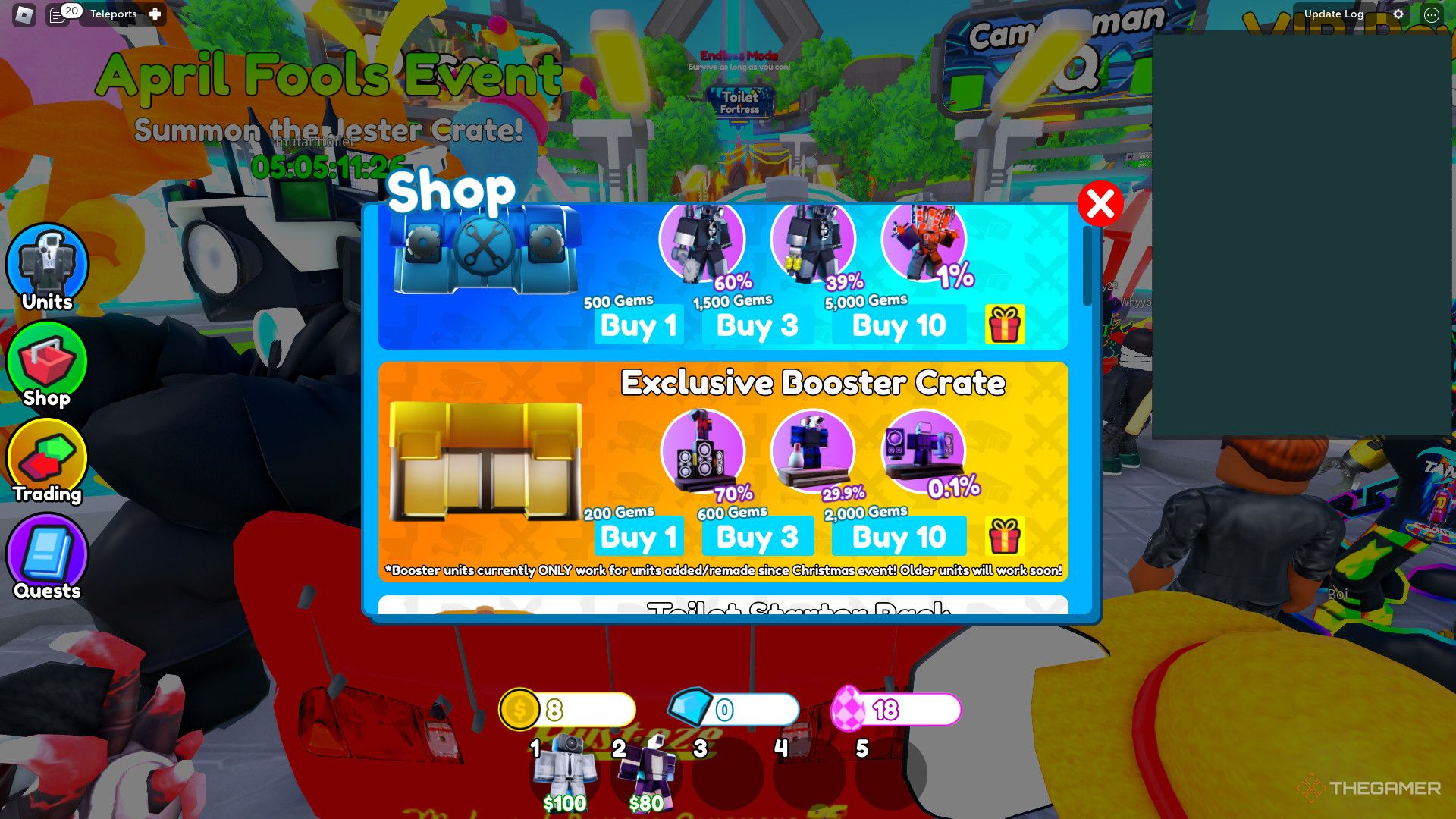 یک اسکرین شات از Roblox: Toilet Tower Defense که رابط فروشگاه را نشان می دهد که مقادیر متفاوتی از صندوقچه ها در صدها جواهر فروخته شده است.