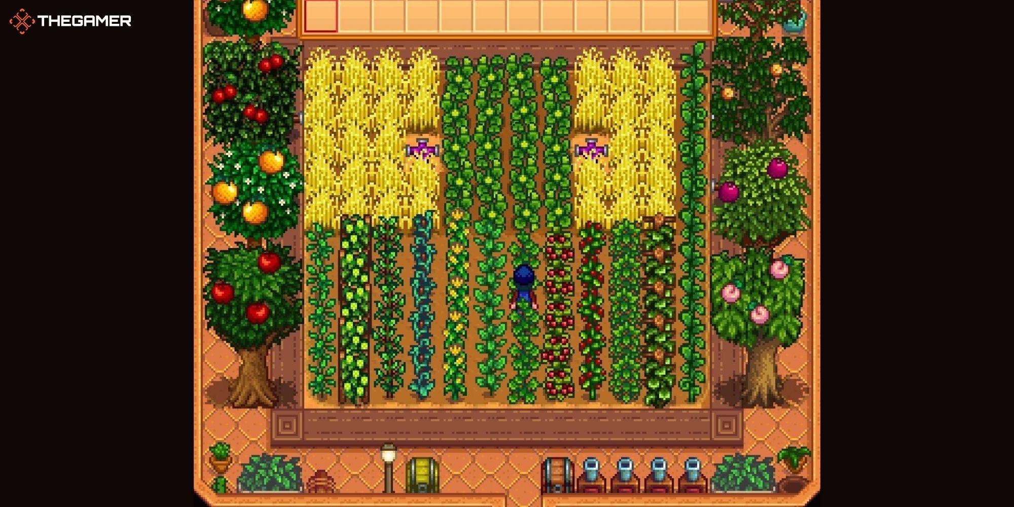 Stardew Valley: بازیکن در وسط فضای داخلی گلخانه با طیف متنوعی از گیاهان ایستاده است
