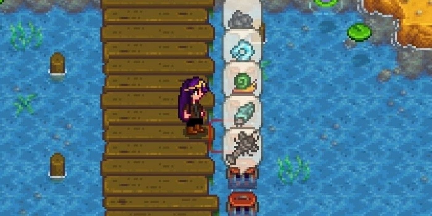 Stardew Valley Crab Pots - بازیکنی که روی اسکله در کنار چندین گلدان خرچنگ ایستاده است.