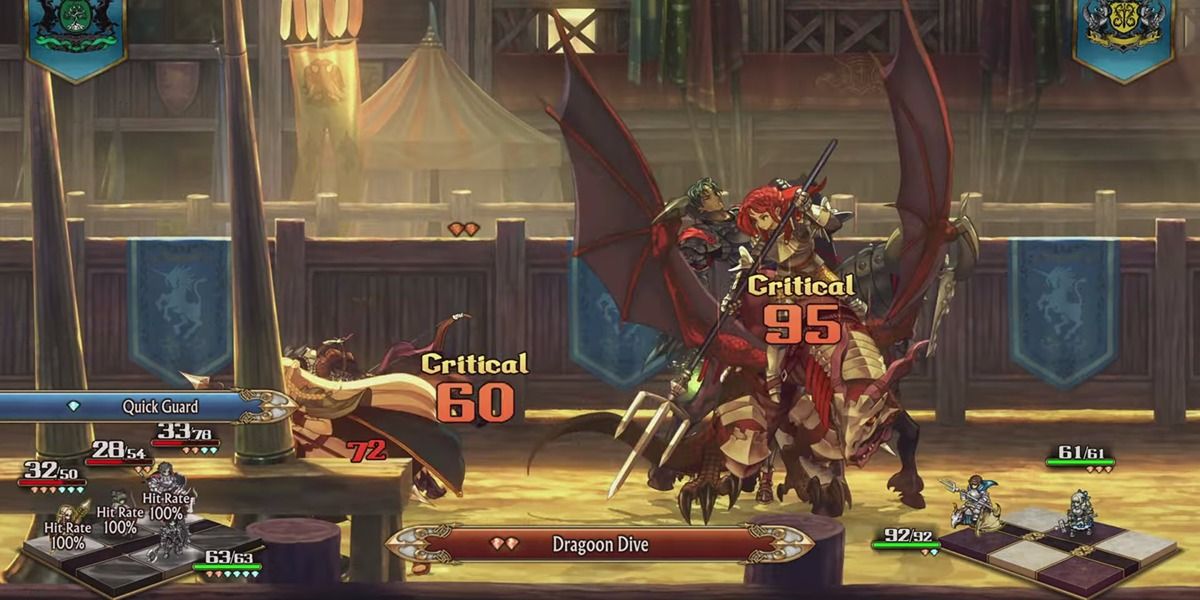 هیلدا استاد وایورن از Dragoon Dive روی گروهی از جنگجویان در Unicorn Overlord استفاده می کند.