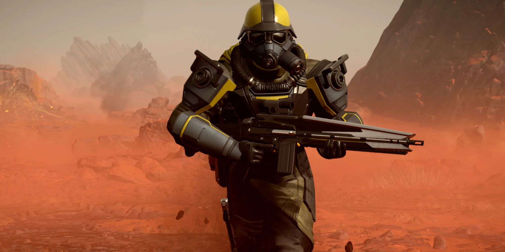 تصویری از Helldivers 2 از کلاه ایمنی CE-27 Groundbreaker که دارای یک فیلتر در یک طرف ماسک است.