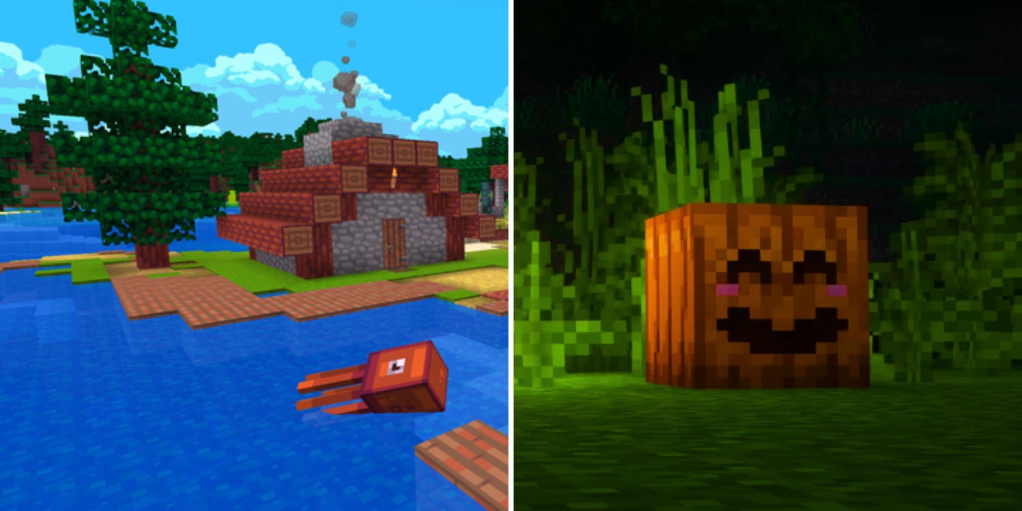 بیشترین بلوک های مقاوم در برابر انفجار در Minecraft 2 تصویری تقسیم شده از یک ماهی مرکب نارنجی که در آب آبی عمیق شنا می کند و یک بلوک کدو تنبل شاد و سرخ شده.