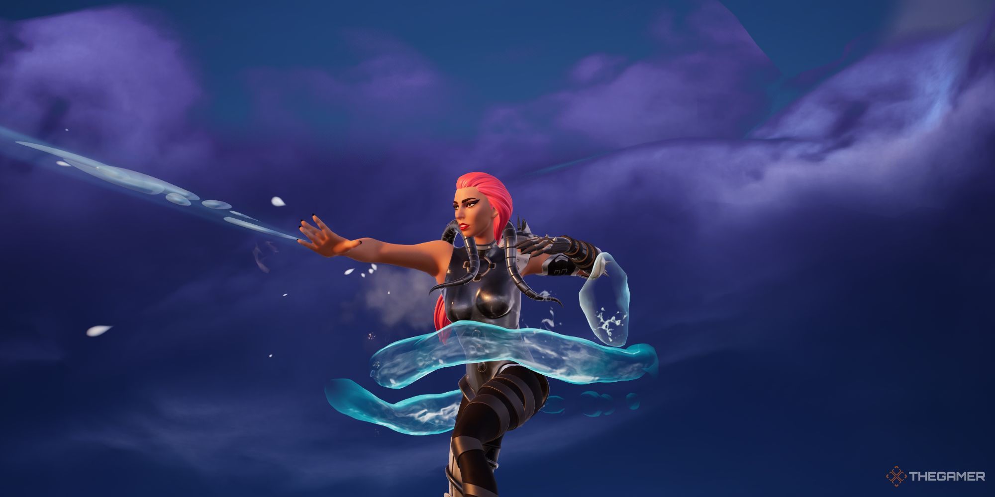 نحوه باز کردن قفل Appa Glider در فصل 5، فصل 2 Fortnite 6 تصویری از Fortnite از شخصیت قابل بازی که از TheWaterbending Scroll Mythic برای شلیک آب به سمت دشمنان خود استفاده می کند.