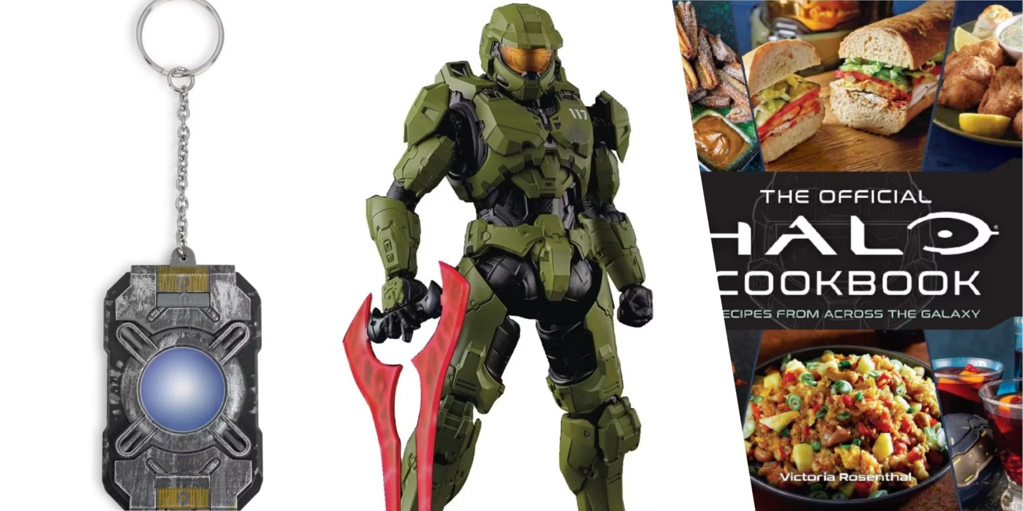 بهترین پزشک در سال 2024 8 Halo Merch در کنار هم با یک ماکت تراشه کورتانا، شخصیت اصلی و کتاب آشپزی Halo
