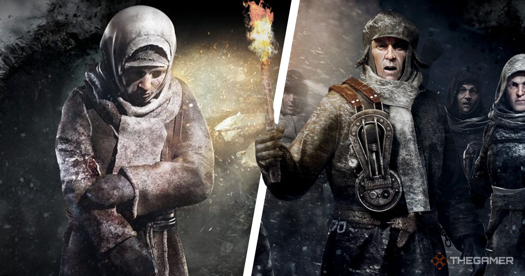 Frostpunk 2 به بهترین شکل ممکن با نسخه اصلی متفاوت است 6 بازماندگان از دو سناریو در یک تصویر تقسیم شده.