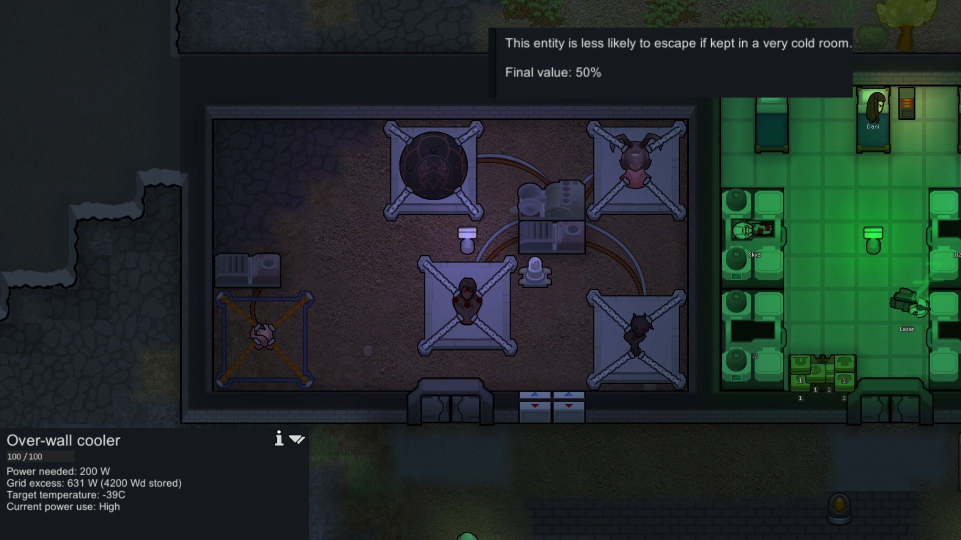 یک زندان rimworld با نگه داشتن دمای زیر صفر دارای ناهنجاری‌های جانوران گوشتی است