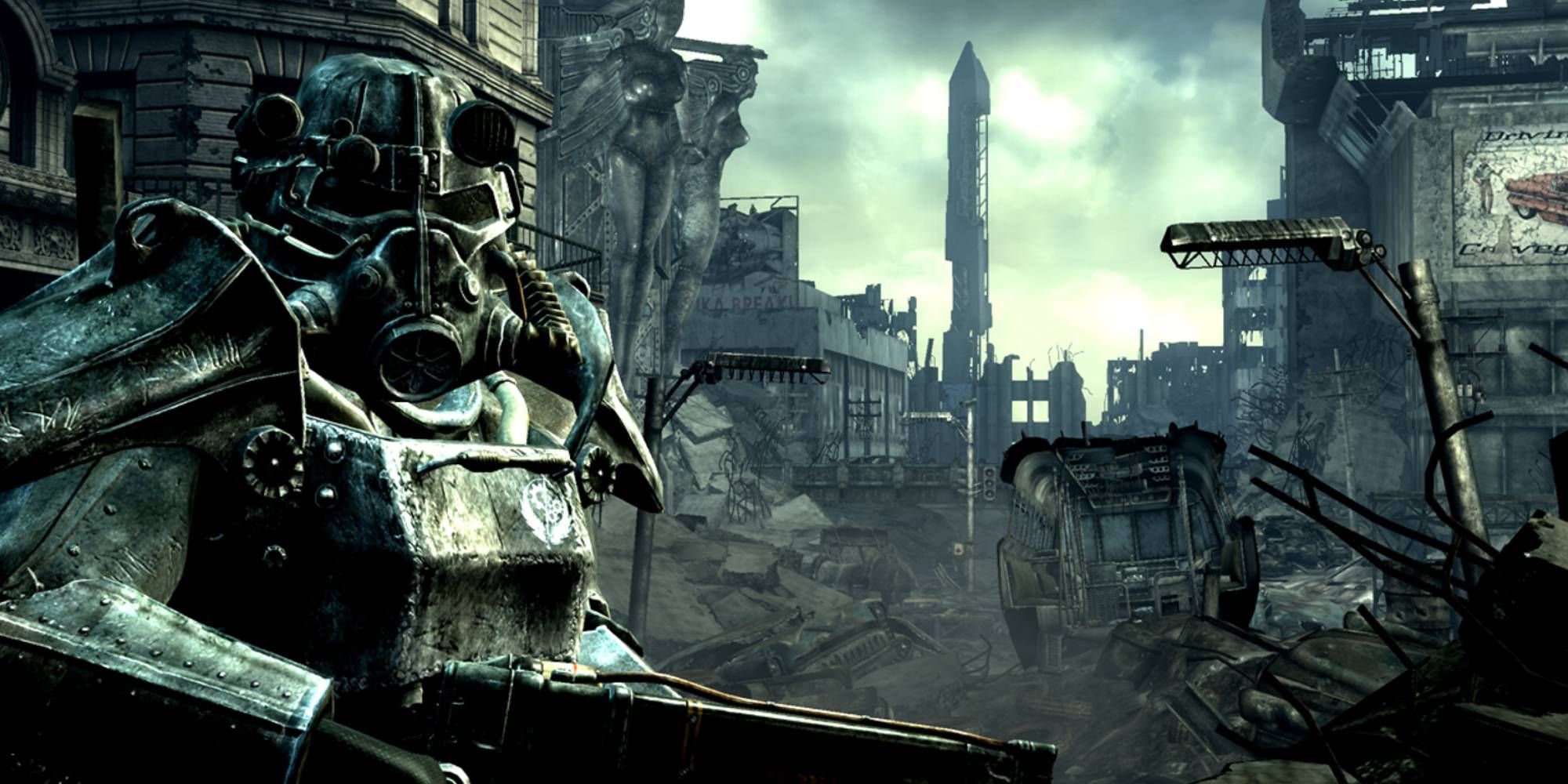 چهره‌ای با زره‌های قدرتی که تفنگی در دست دارد در مقدمه Fallout 3