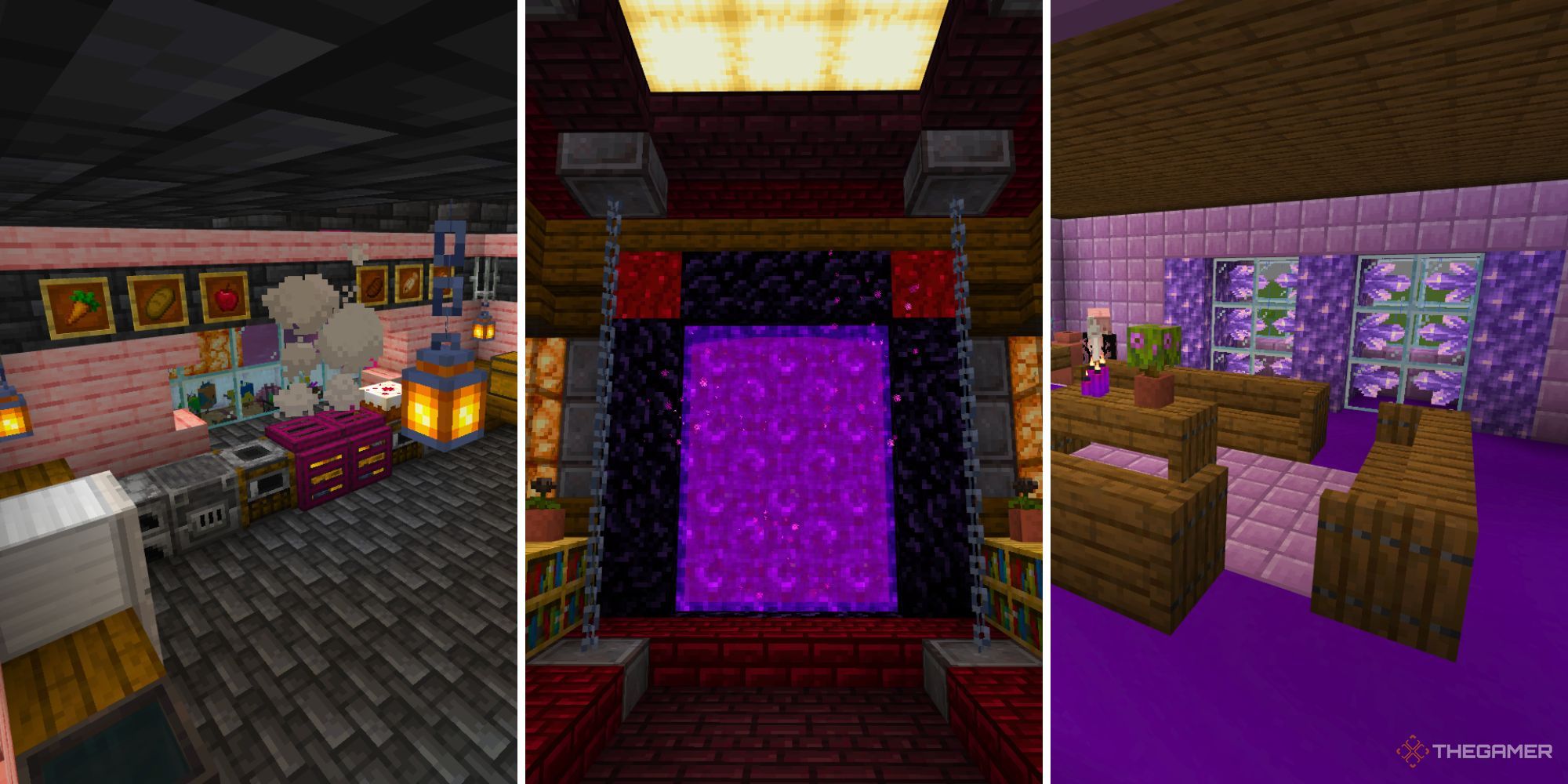 بیشترین بلوک های مقاوم در برابر انفجار در Minecraft 1 تصویری تقسیمشده از آشپزخانه صورتی و مشکی با فانوسها، اتاقک قرمز و مشکی پورتال زیر، و سالن استراحت بنفش آمیتیست.