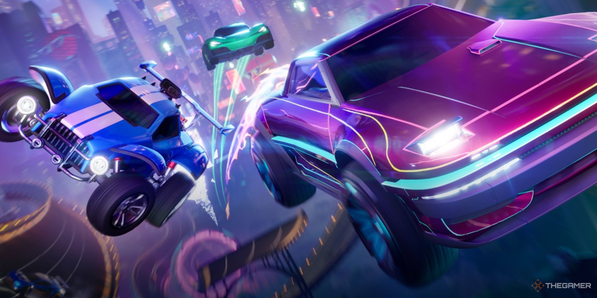 چپ: ماشین آبی، راست: ماشین بنفش، پس‌زمینه: ماشین سبز، از Fortnite Rocket Racing.
