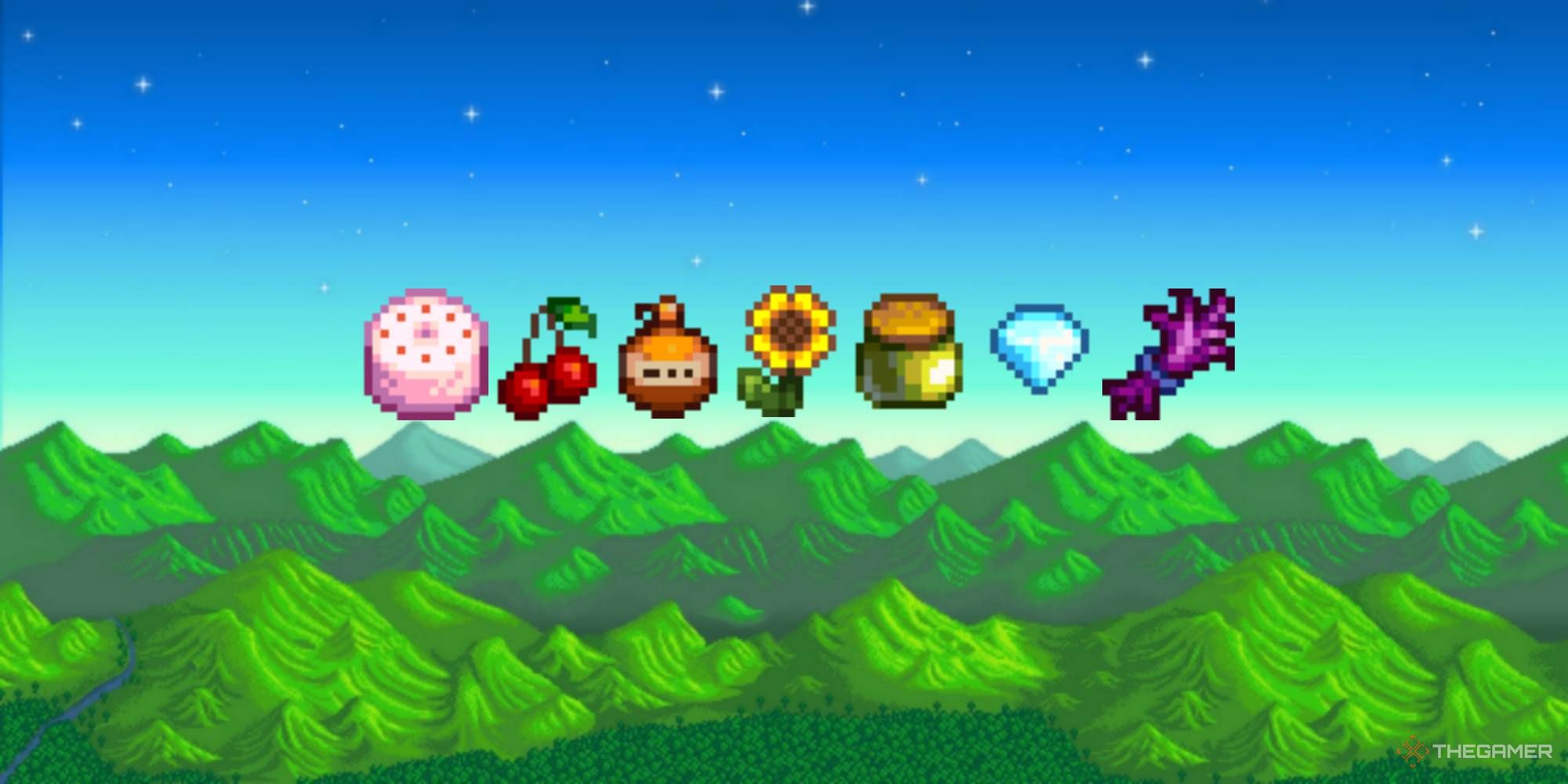 همه هدایای منفور جهانی در Stardew Valley 2 کیک صورتی کیک گیلاس افرا شربت آفتابگردان دایناسور مایونز الماس تاج خروس همه جهانی دوست دارد stardew valley