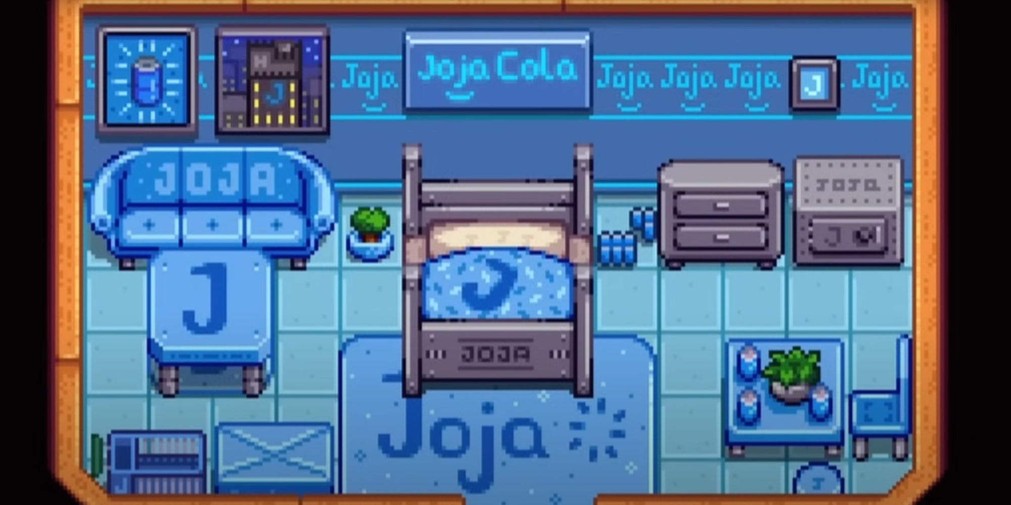 تصویری از Stardew Valley of the Joja Catalogue که شامل چند قطعه واقعاً زشت مبلمان آبی با نام تجاری Joja است.