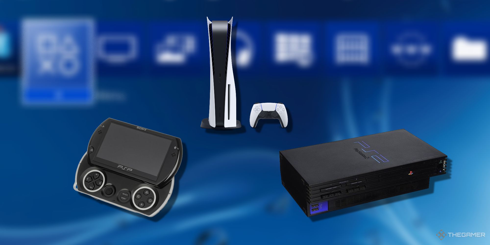 شفاف psp go، ps5 و ps2 روی یک تصویر تار از منوی ps4