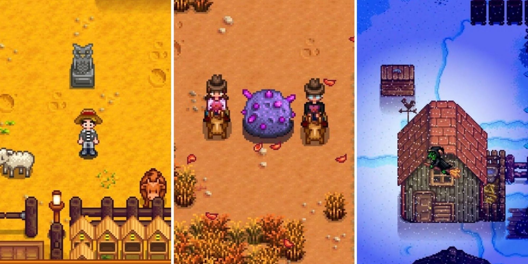چگونه در Stardew Valley درآمد کسب کنیم 10 تصویر تقسیم شده دره Stardew از بازیکن ایستاده در کنار جغد سنگی، دو کشاورز در کنار شهاب سنگ بنفش و جادوگر در حال پرواز بر فراز مرغداری