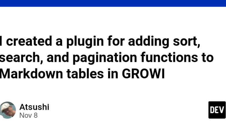 من یک افزونه برای اضافه کردن توابع مرتب سازی، جستجو و صفحه بندی به جداول Markdown در GROWI ایجاد کردم. من یک افزونه برای اضافه کردن توابع مرتب سازی، جستجو و صفحه بندی به جداول Markdown در GROWI ایجاد کردم.