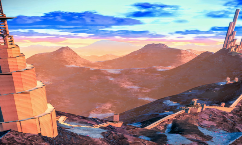 No Man's Sky Player آسمان خراش در بالای کوه می سازد