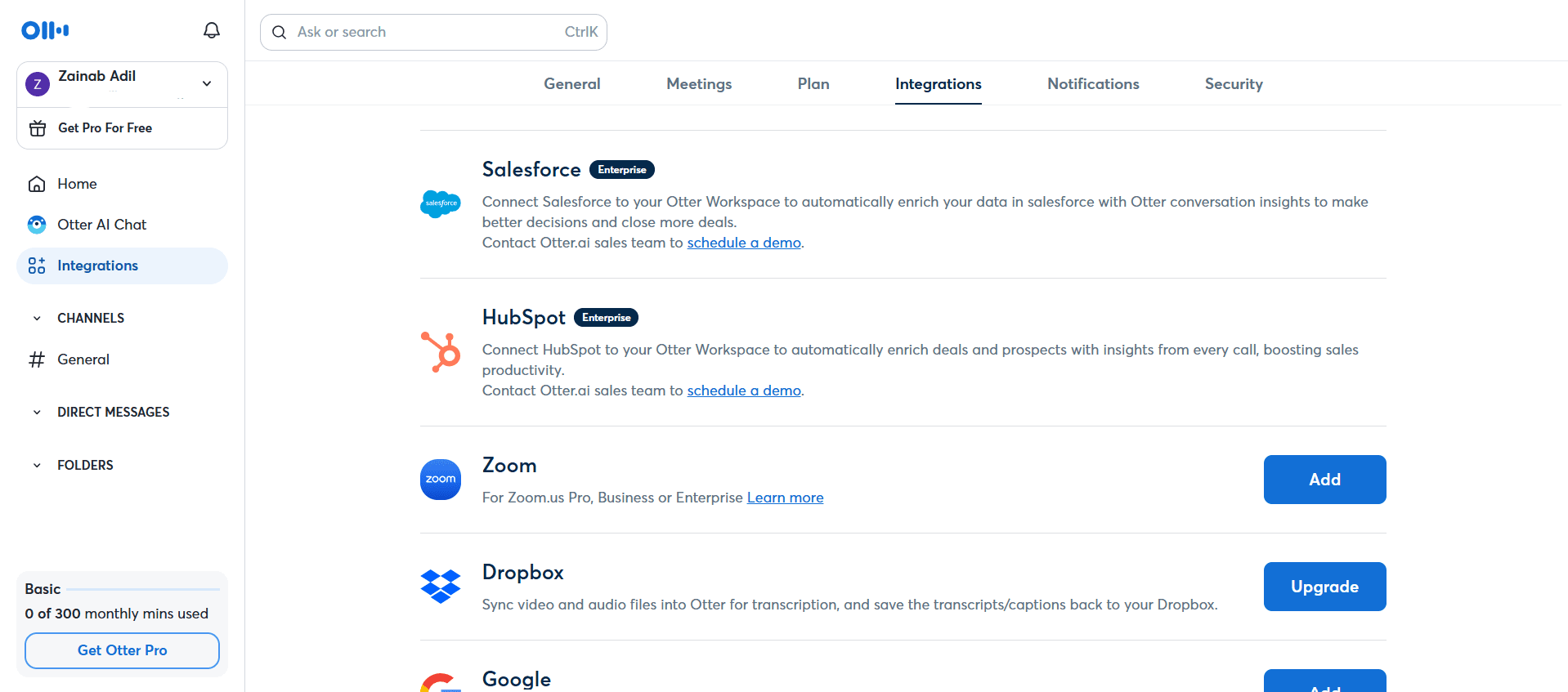داشبورد Otter.ai