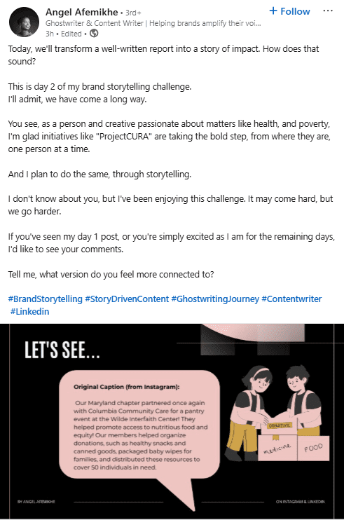 پست لینکدین درباره داستان سرایی برند