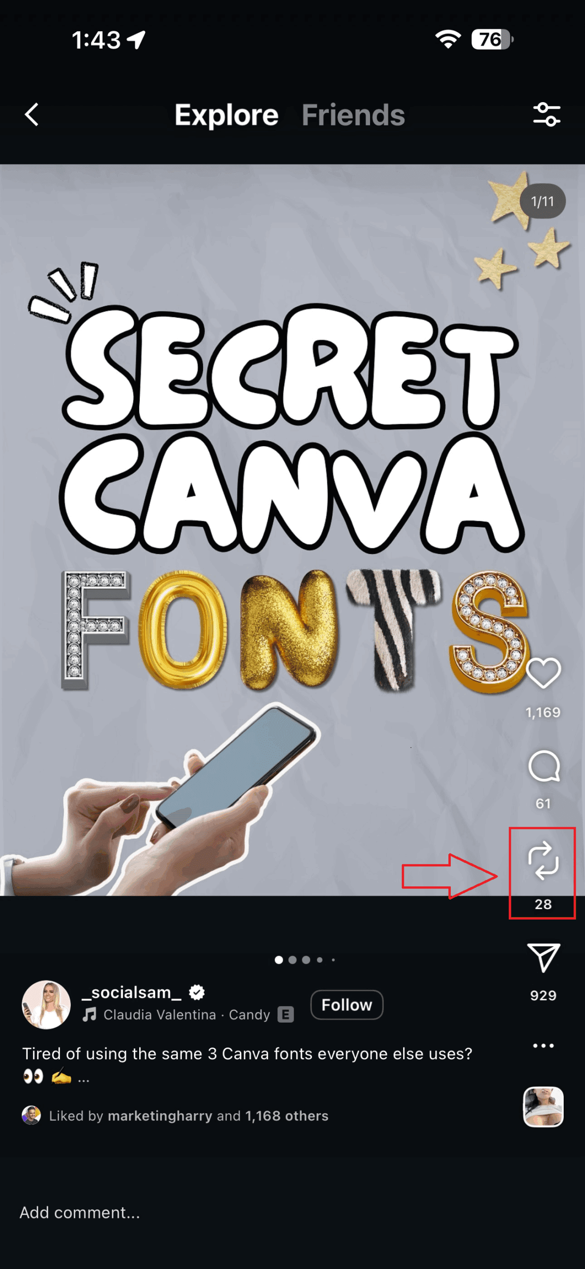 چگونه یک پست اینستاگرام را در استوری خود در 4 مرحله آسان به اشتراک بگذارید (به روز رسانی 2025) 12 روی ضربه بزنید "بازنشر کنید" نماد