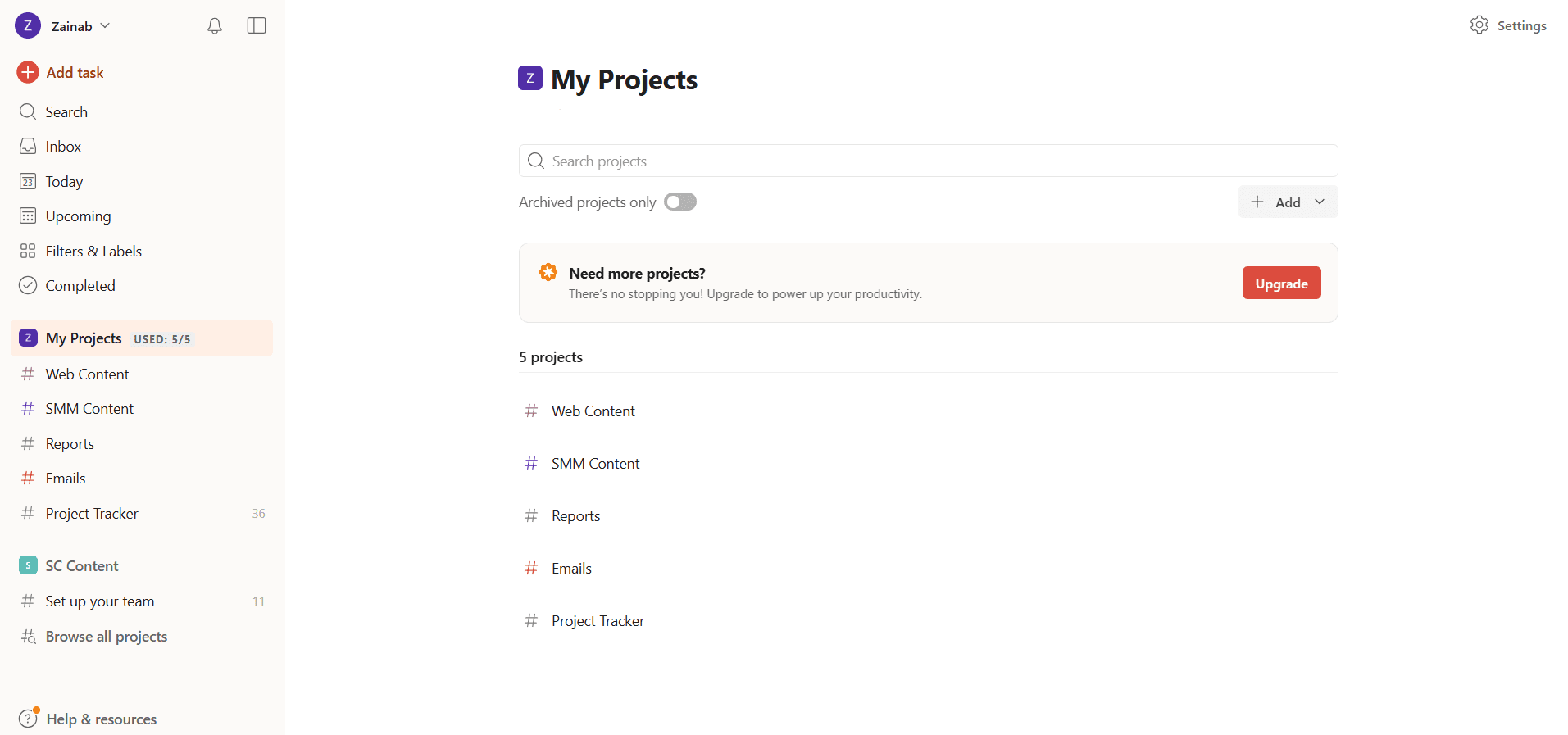 داشبورد Todoist
