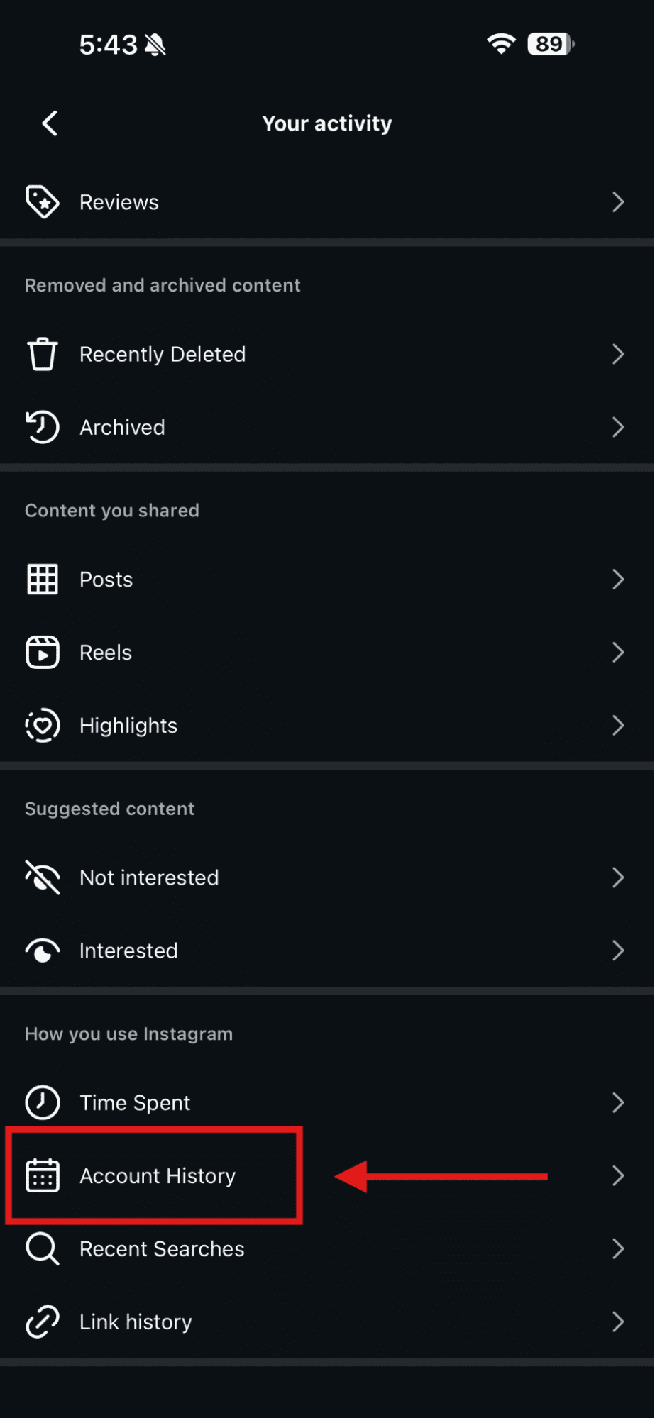 روی «تاریخچه حساب» ضربه بزنید