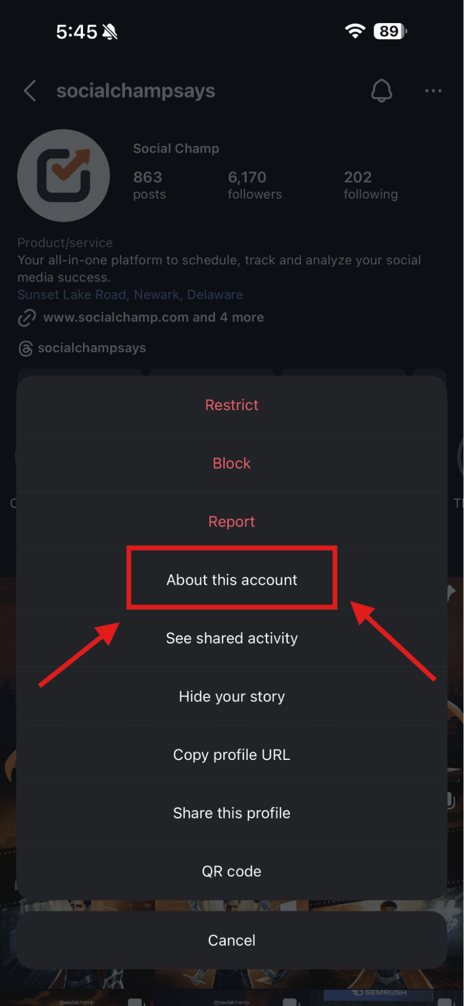 روی «درباره این حساب» ضربه بزنید