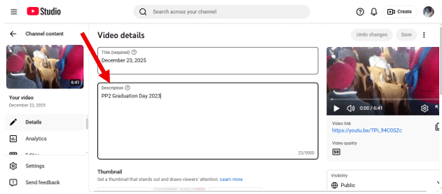 جعبه توضیحات YouTube Studio