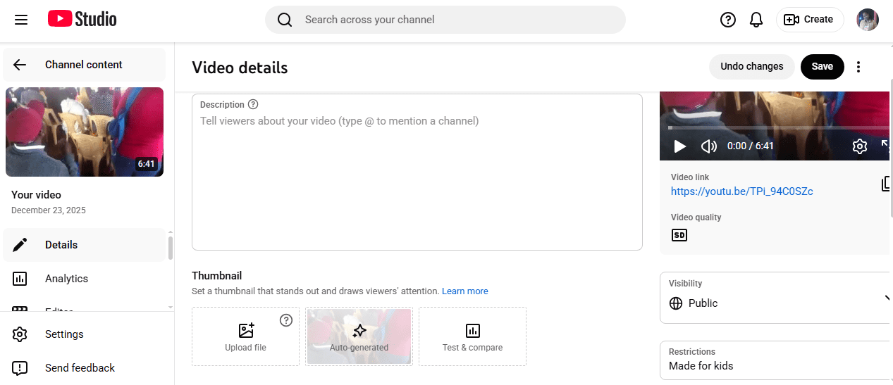 روی Details در YouTube Studio ضربه بزنید