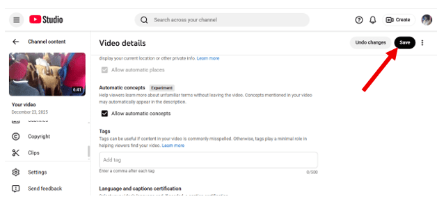تغییرات را در YouTube Studio ذخیره کنید