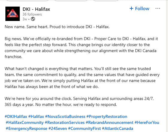 پست اعلامیه تغییر نام تجاری DKI Halifax در لینکدین
