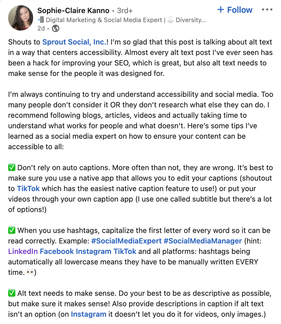 تصویری از یک پست رهبری فکری لینکدین که در مورد نحوه برخورد Sprout متن جایگزین و بهترین شیوه های دسترسی صحبت می کند.