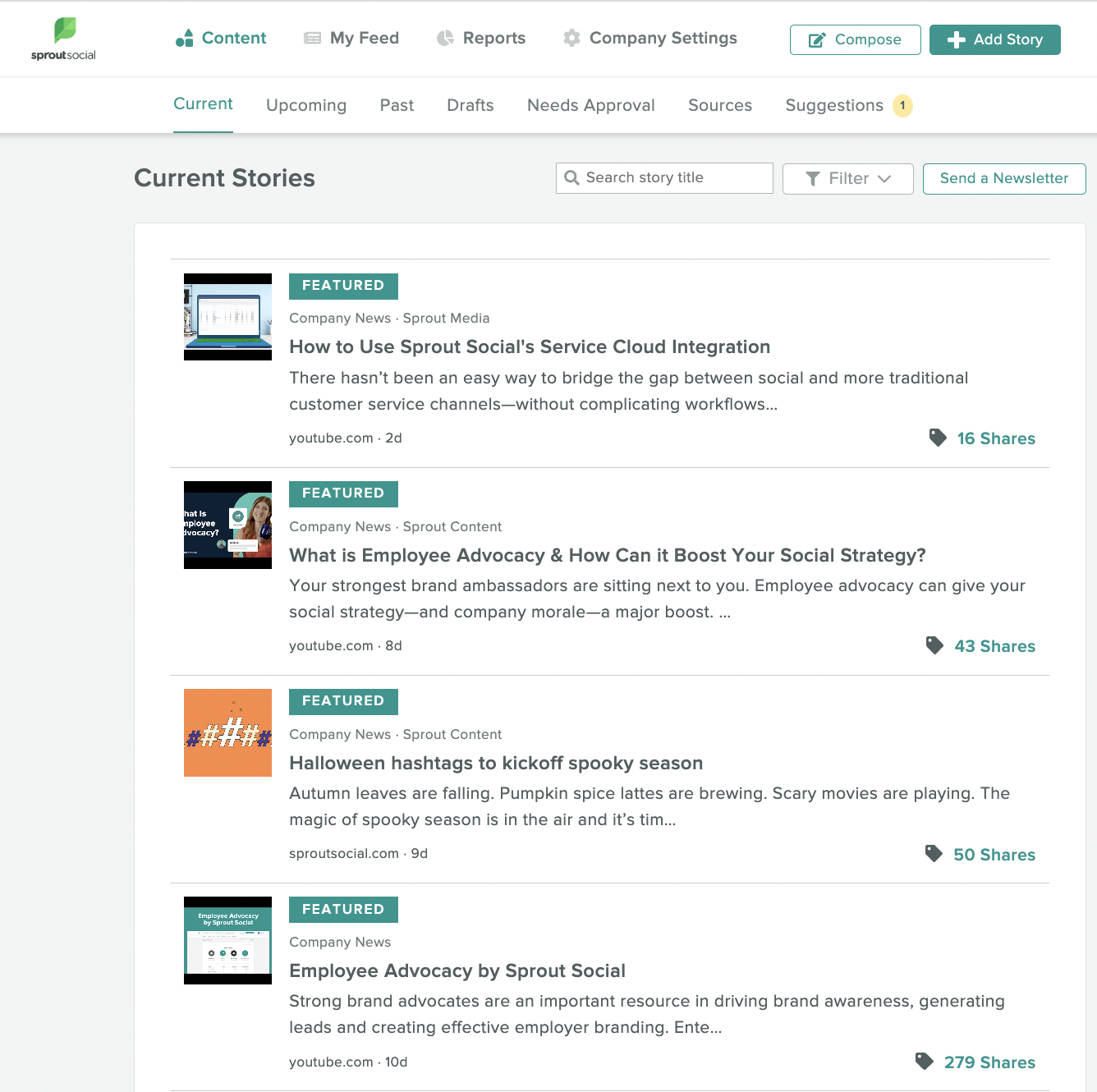 تصویری از فید داستان های جاری Sprout در پلتفرم Advocacy ما.  فید شامل توضیحات کوتاهی از هر مقاله و تعداد اشتراک‌گذاری‌هایی است که هر قطعه محتوا دریافت کرده است.