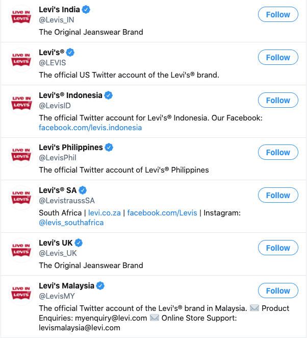 تصویری از چندین حساب توییتر Levi's، که می تواند به تلاش های بازاریابی بین المللی آنها بر اساس کشور کمک کند