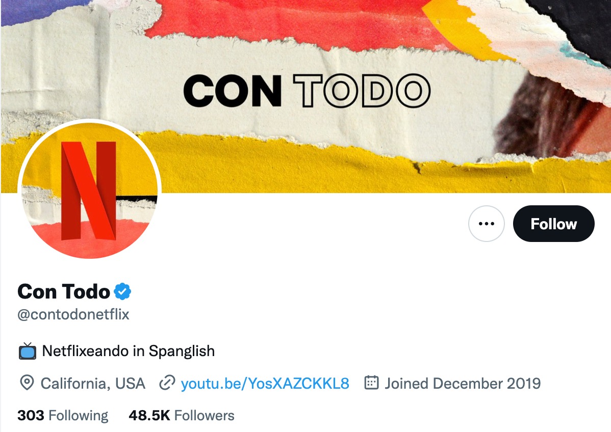 تصویری از حساب توییتر Netflix Con Todo.  بیوگرافی آنها خوانده می شود "Netlfixeando به زبان اسپانیایی".