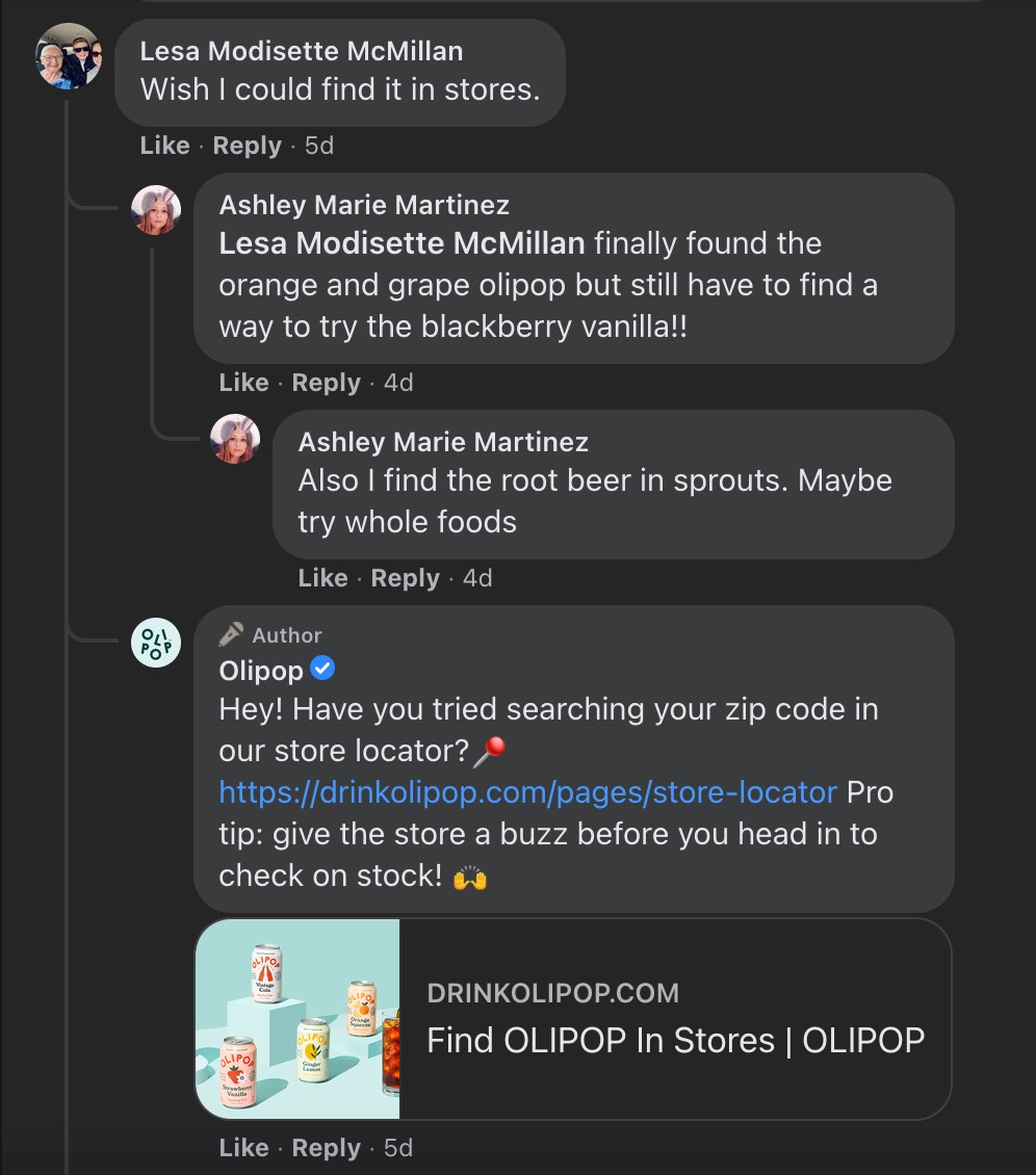 تصویری از موضوع در صفحه فیس بوک Olipop، که مشتری را به ابزار مکان یاب فروشگاه خود هدایت می کند.