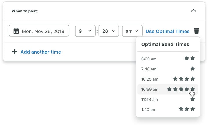 ابزار زمان‌بندی Sprout Social گزینه‌هایی را برای زمان‌های ارسال بهینه بر اساس سابقه تعامل مخاطبان شما ارائه می‌کند.
