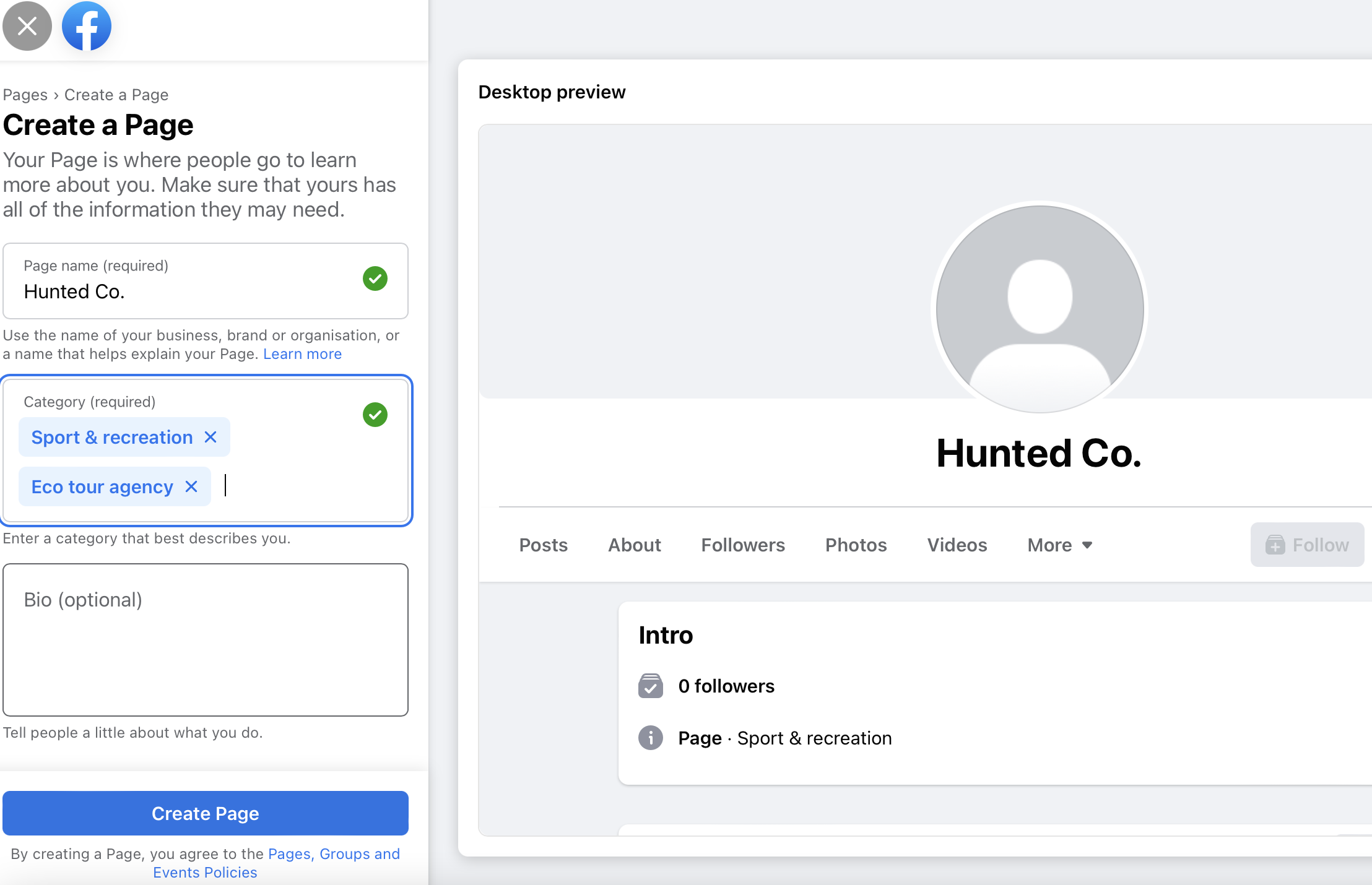 اولین مرحله از فرآیند ایجاد صفحه کسب و کار فیس بوک با فیلدهایی برای شامل نام صفحه و دسته بندی