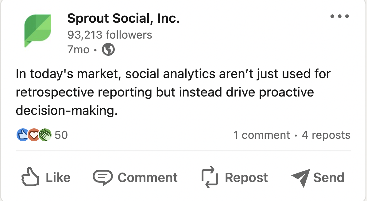 یک پست Sprout Social LinkedIn که می گوید "در بازار امروز، تجزیه و تحلیل اجتماعی فقط برای گزارش گیری گذشته نگر استفاده نمی شود، بلکه تصمیم گیری پیشگیرانه را هدایت می کند.". 